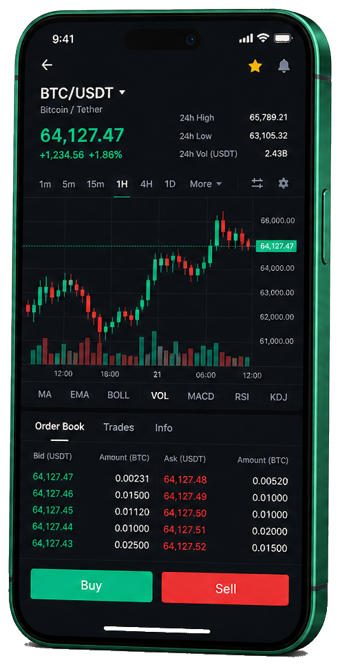 Axeovix trading platform on mobile — live BTC/USDT chart, order book, and buy/sell interface